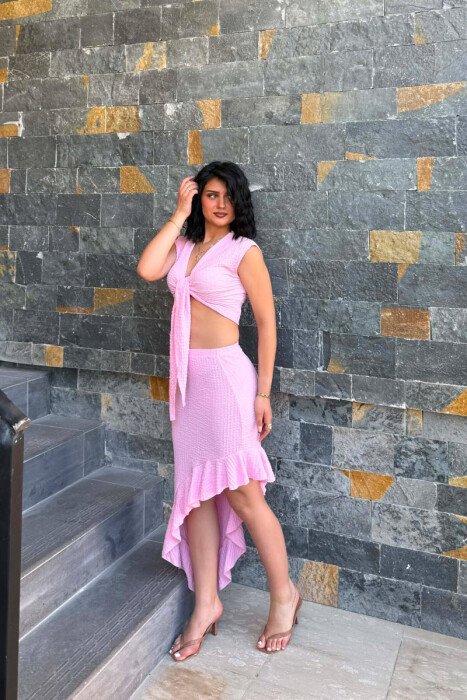 ONE COLOR CROP TOP+SKIRT WOMEN SET PINK/ROZE - 