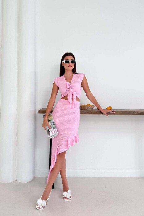 ONE COLOR CROP TOP+SKIRT WOMEN SET PINK/ROZE - 6