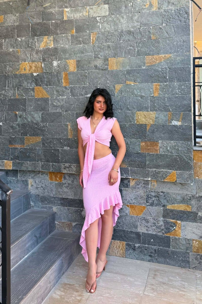 ONE COLOR CROP TOP+SKIRT WOMEN SET PINK/ROZE - 2