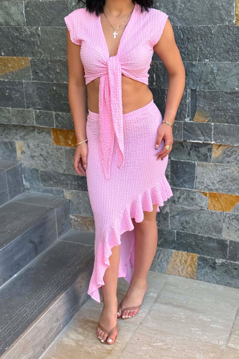 ONE COLOR CROP TOP+SKIRT WOMEN SET PINK/ROZE - 4