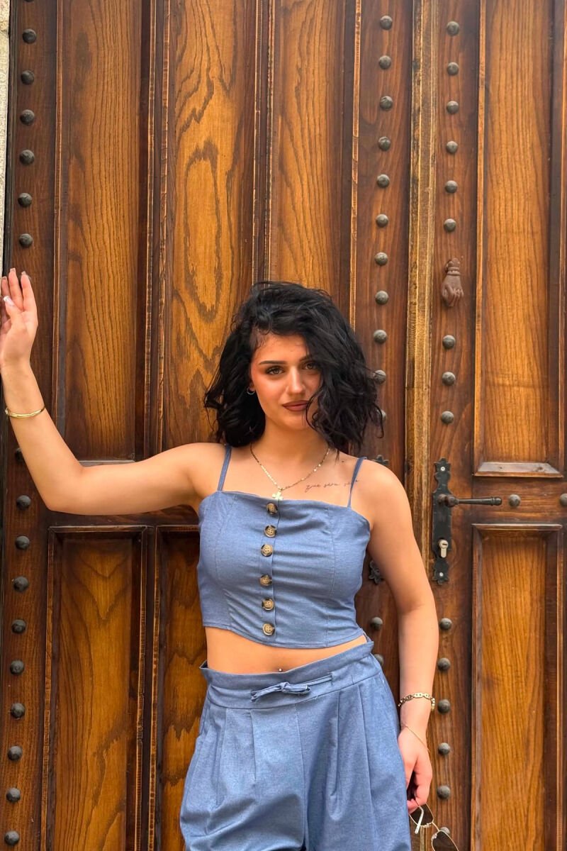 ONE COLOR CROP TOP+TROUSERS WOMEN SET BLUE/BLU - 3