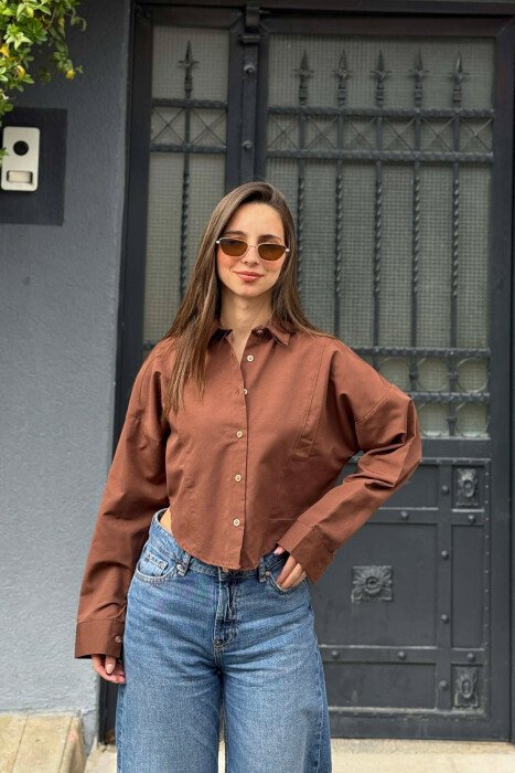 ONE COLOR CROPED WOMAN SHIRT BROWN/KAFE - 1