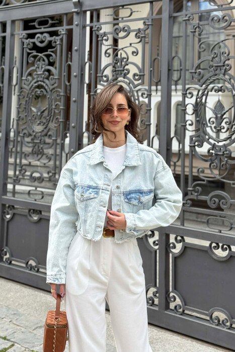 ONE COLOR CROPPED DENIM WOMEN JACKET LIGHTBLUE/BZ - KLAUDIO FASHION
