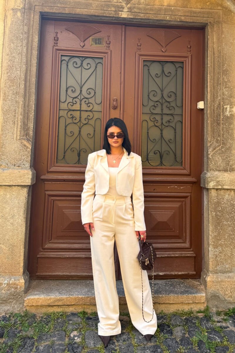 ONE COLOR CROPPED JACKET +TROUSERS WOMAN SET CREAM/KREM - 1