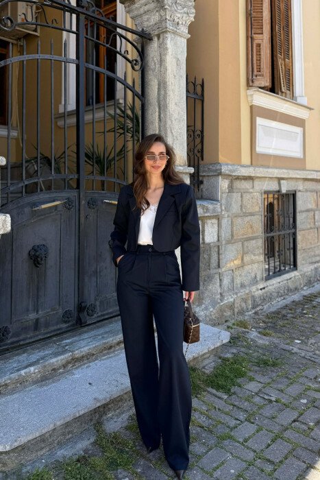 ONE COLOR CROPPED JACKET + TROUSERS WOMAN SET DARK BLUE/BEE - 1