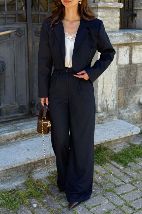 ONE COLOR CROPPED JACKET + TROUSERS WOMAN SET DARK BLUE/BEE - 2