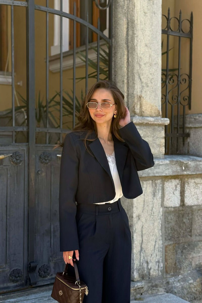 ONE COLOR CROPPED JACKET + TROUSERS WOMAN SET DARK BLUE/BEE - 3