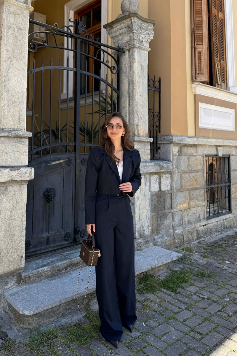ONE COLOR CROPPED JACKET + TROUSERS WOMAN SET DARK BLUE/BEE - 4