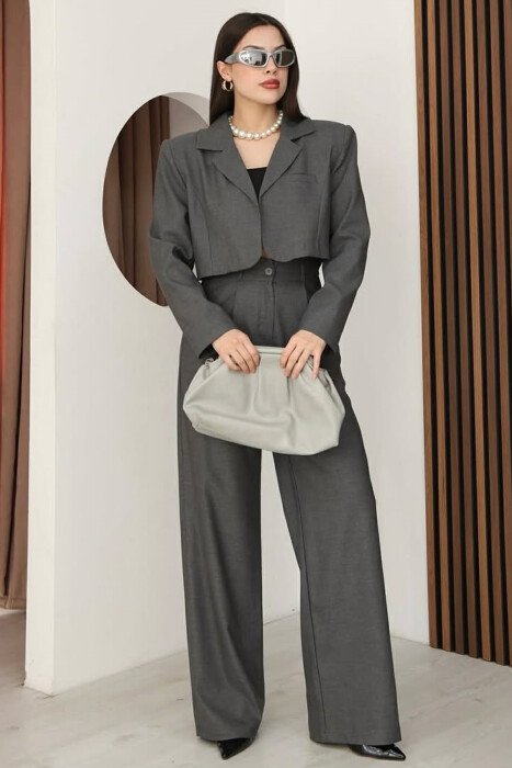 ONE COLOR CROPPED JACKET + TROUSERS WOMAN SET GREY/GRI - 1