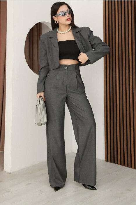 ONE COLOR CROPPED JACKET + TROUSERS WOMAN SET GREY/GRI - 4