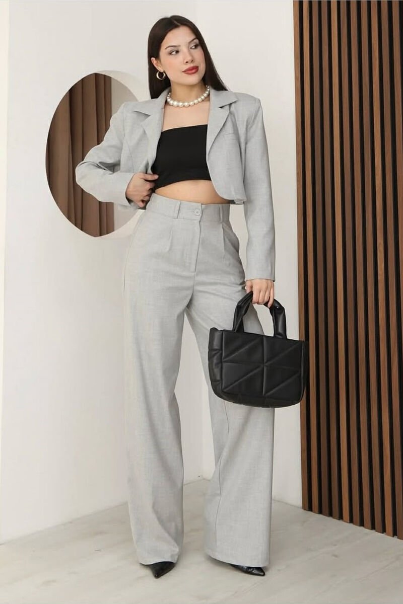 ONE COLOR CROPPED JACKET + TROUSERS WOMAN SET LIGHT GREY/GZ - 1