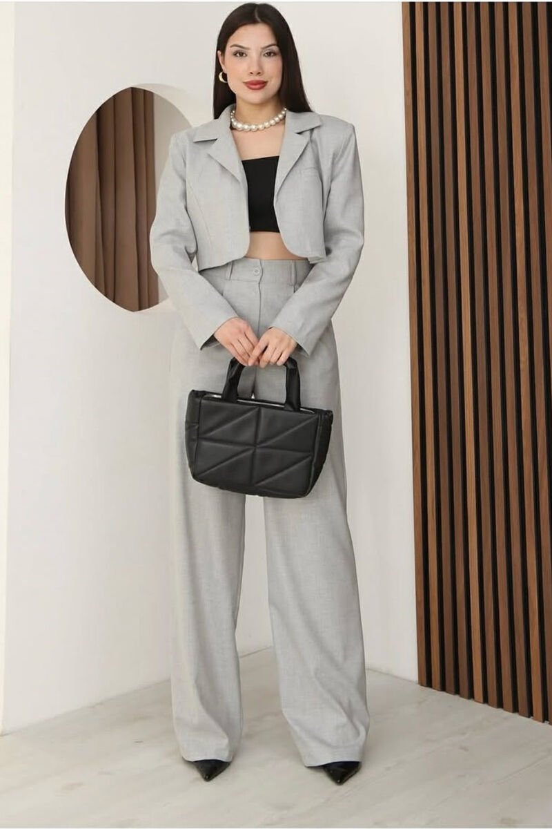 ONE COLOR CROPPED JACKET + TROUSERS WOMAN SET LIGHT GREY/GZ - 2