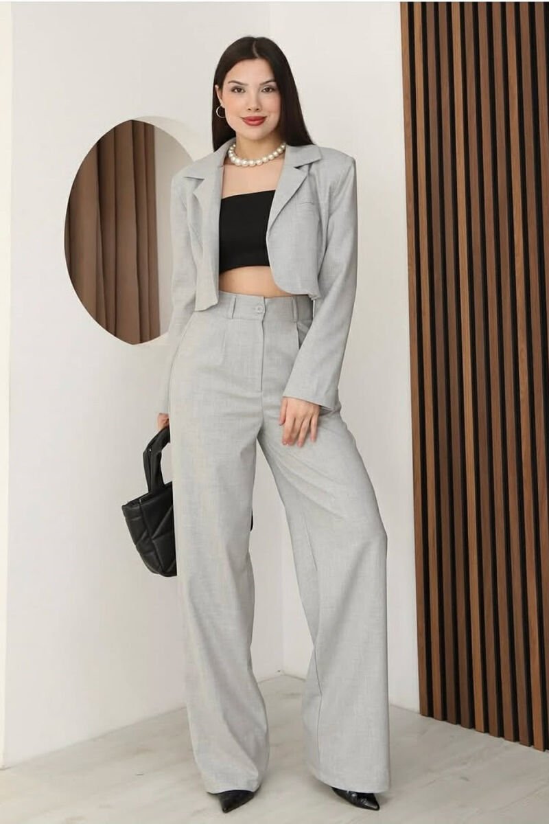 ONE COLOR CROPPED JACKET + TROUSERS WOMAN SET LIGHT GREY/GZ - 3