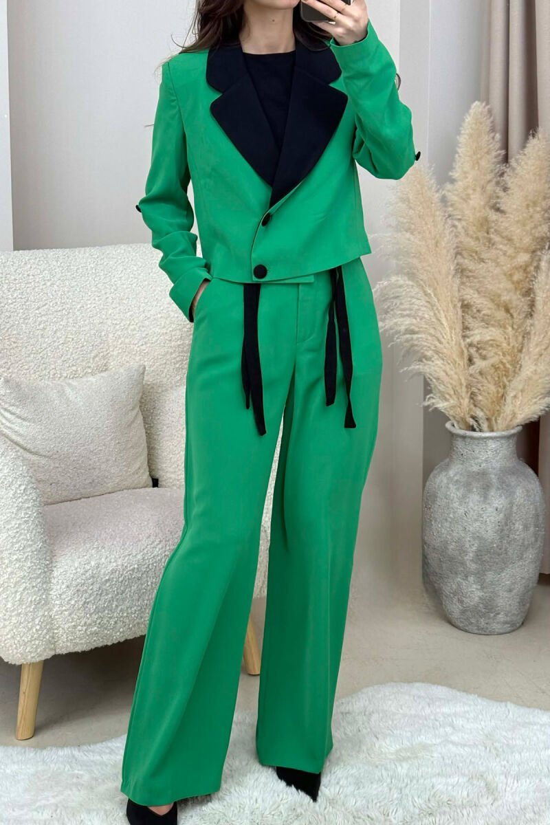 ONE COLOR CROPPED JACKET+ TROUSERS WOMEN SET GREEN/JESHILE - 3
