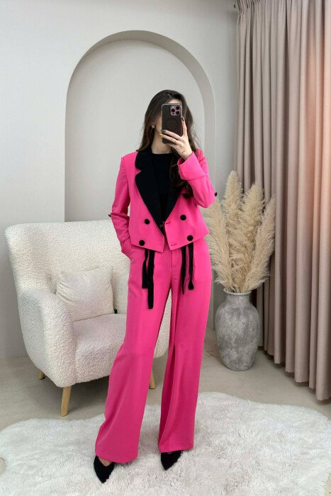 ONE COLOR CROPPED JACKET+ TROUSERS WOMEN SET PINK/ROZE - 1