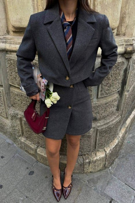 ONE COLOR CROPPED JACKET+SKIRT WOMEN SET DARK GREY/GEE 