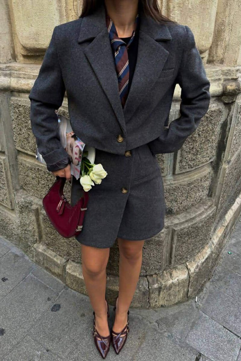 ONE COLOR CROPPED JACKET+SKIRT WOMEN SET DARK GREY/GEE - 1