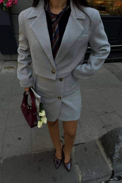 ONE COLOR CROPPED JACKET+SKIRT WOMEN SET LIGHT GREY/GZ - 2