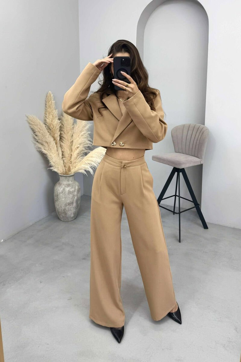 ONE COLOR CROPPED JACKET+TROUSERS WOMEN SET BEIGE/BEZHE - 2