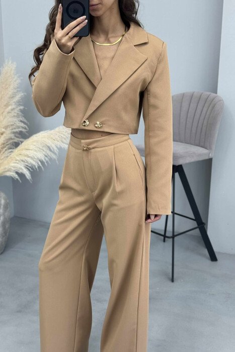 ONE COLOR CROPPED JACKET+TROUSERS WOMEN SET BEIGE/BEZHE - 4
