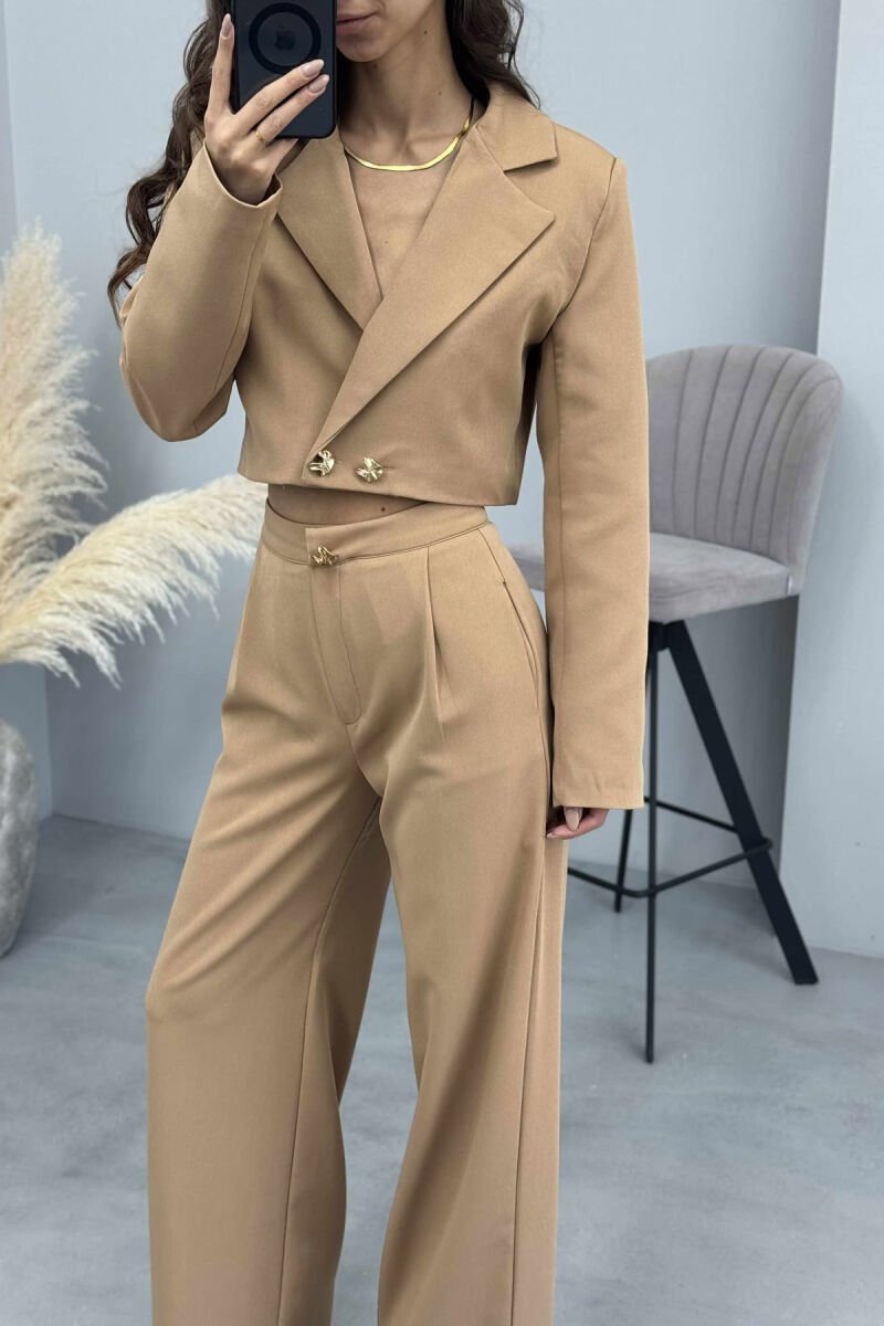 ONE COLOR CROPPED JACKET+TROUSERS WOMEN SET BEIGE/BEZHE - 4
