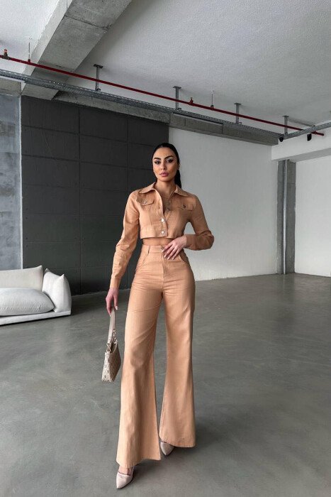 ONE COLOR CROPPED JACKET+TROUSERS WOMEN SET BEIGE/BEZHE - 1