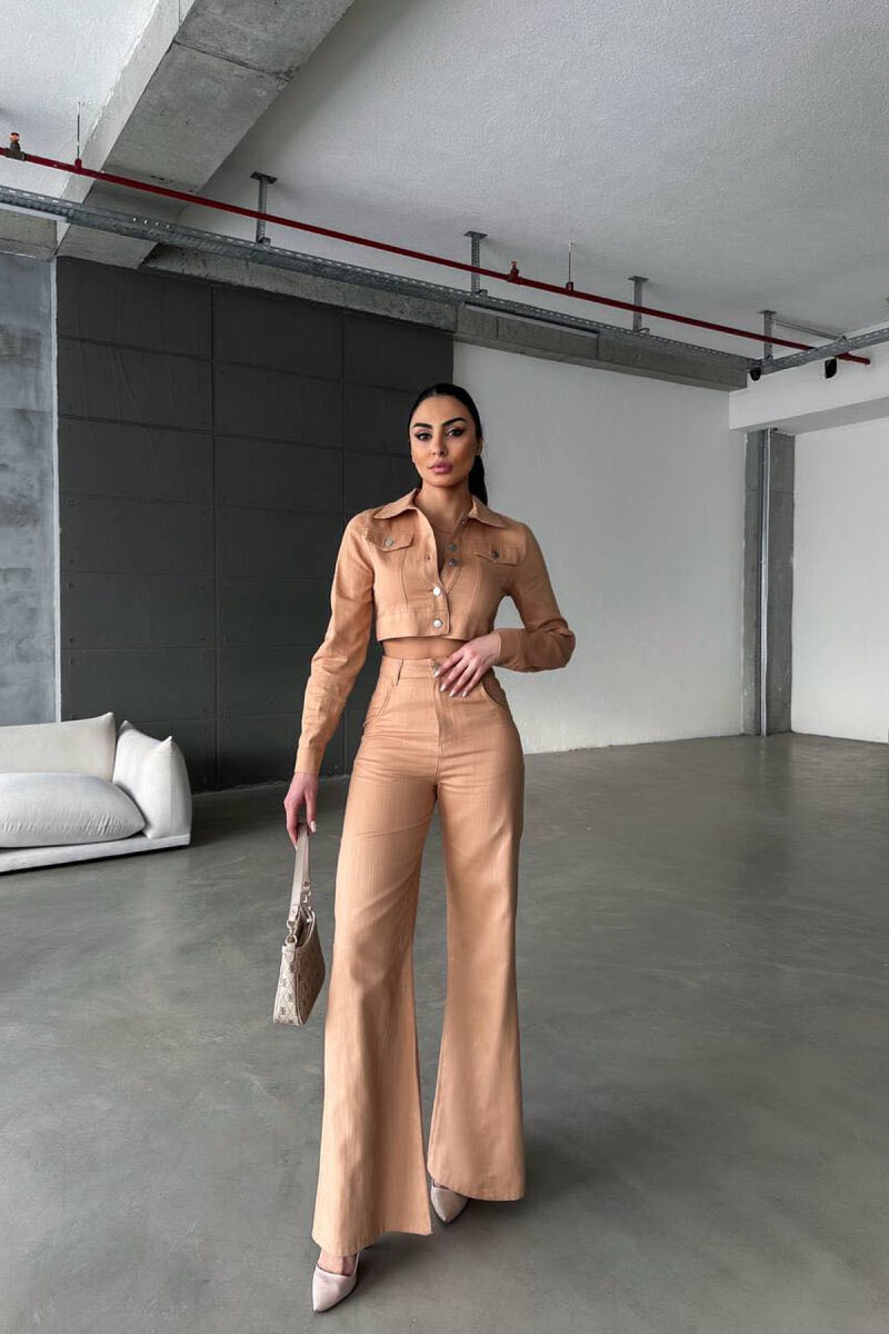 ONE COLOR CROPPED JACKET+TROUSERS WOMEN SET BEIGE/BEZHE - 1