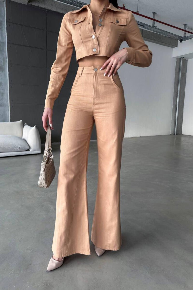 ONE COLOR CROPPED JACKET+TROUSERS WOMEN SET BEIGE/BEZHE - 2