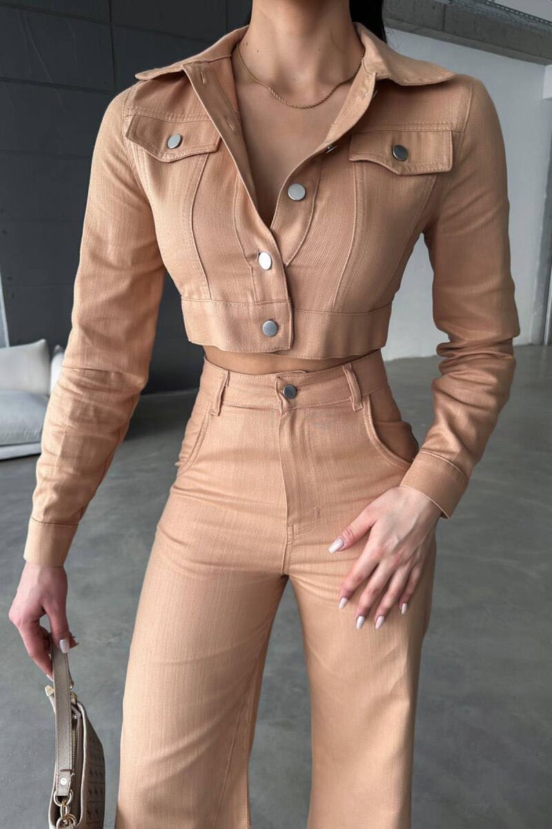 ONE COLOR CROPPED JACKET+TROUSERS WOMEN SET BEIGE/BEZHE - 3