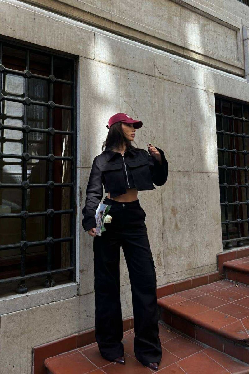 ONE COLOR CROPPED JACKET+TROUSERS WOMEN SET BLACK/ E ZEZE - 1