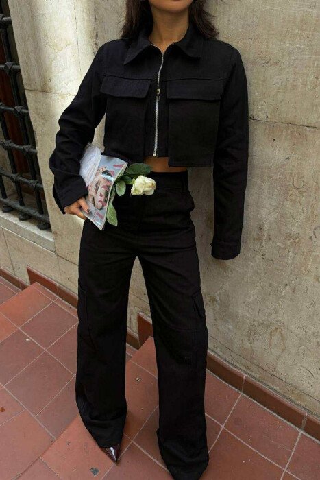 ONE COLOR CROPPED JACKET+TROUSERS WOMEN SET BLACK/ E ZEZE - 3
