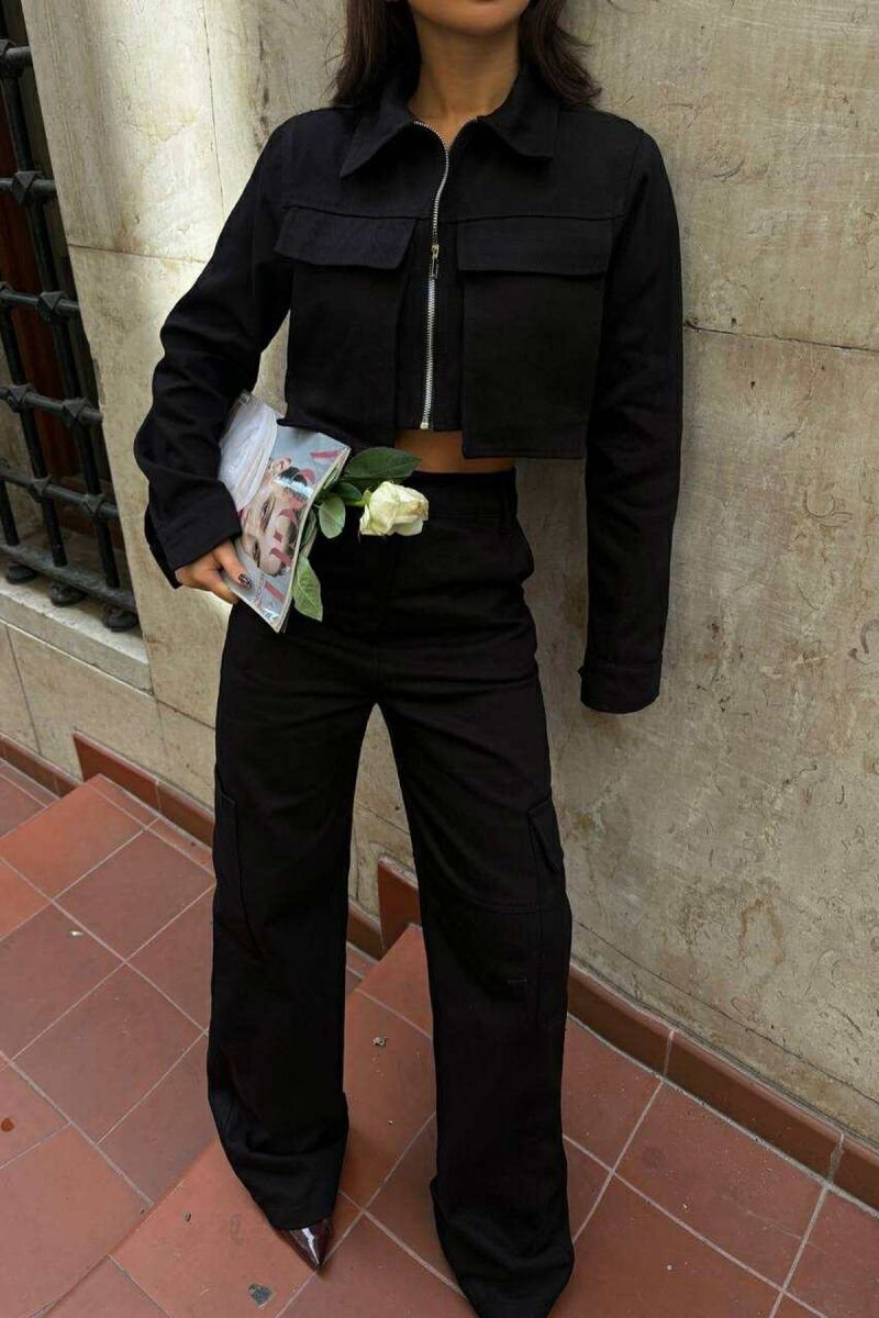 ONE COLOR CROPPED JACKET+TROUSERS WOMEN SET BLACK/ E ZEZE - 3