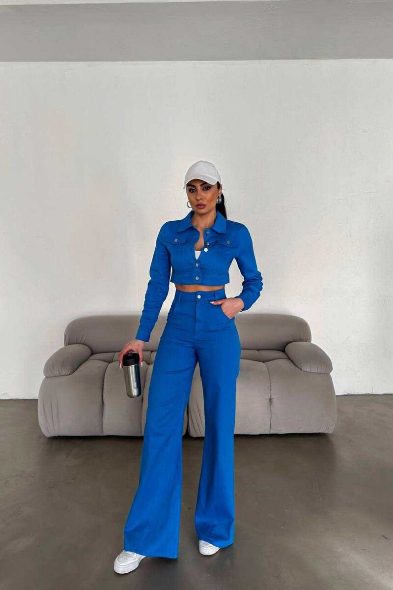 ONE COLOR CROPPED JACKET+TROUSERS WOMEN SET BLUE/BLU - 1