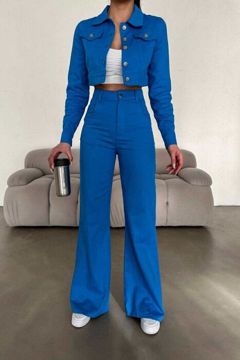 ONE COLOR CROPPED JACKET+TROUSERS WOMEN SET BLUE/BLU - 3