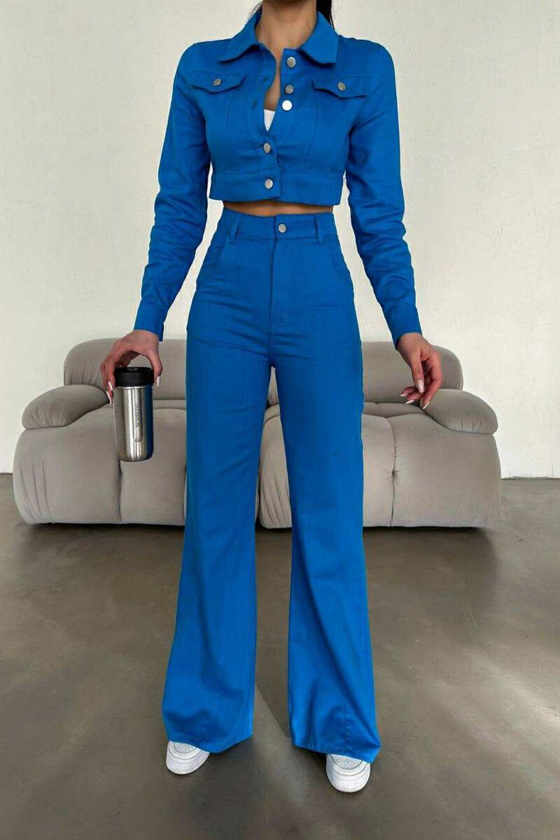 ONE COLOR CROPPED JACKET+TROUSERS WOMEN SET BLUE/BLU - 4
