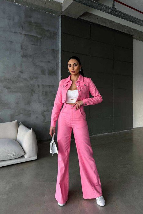 ONE COLOR CROPPED JACKET+TROUSERS WOMEN SET PINK/ROZE - 1