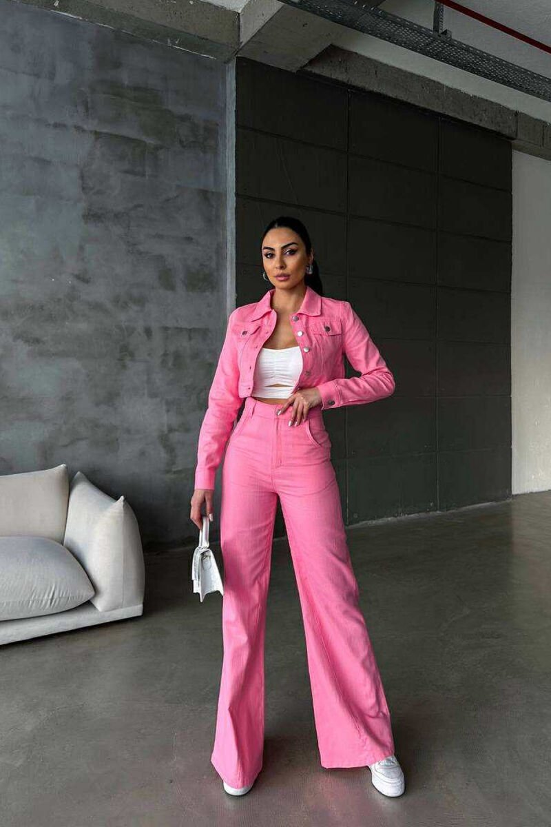 ONE COLOR CROPPED JACKET+TROUSERS WOMEN SET PINK/ROZE - 1