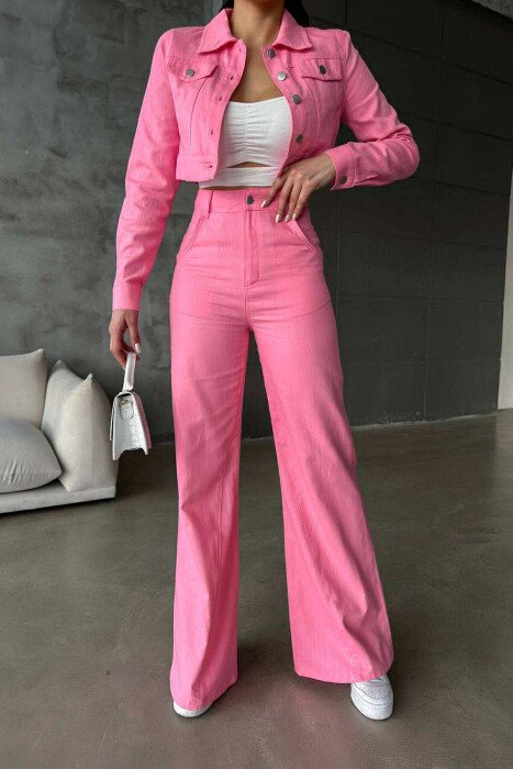 ONE COLOR CROPPED JACKET+TROUSERS WOMEN SET PINK/ROZE - 3