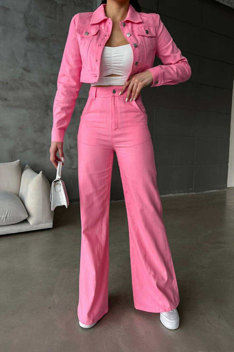 ONE COLOR CROPPED JACKET+TROUSERS WOMEN SET PINK/ROZE - 3