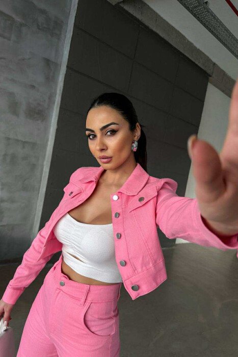 ONE COLOR CROPPED JACKET+TROUSERS WOMEN SET PINK/ROZE - 5