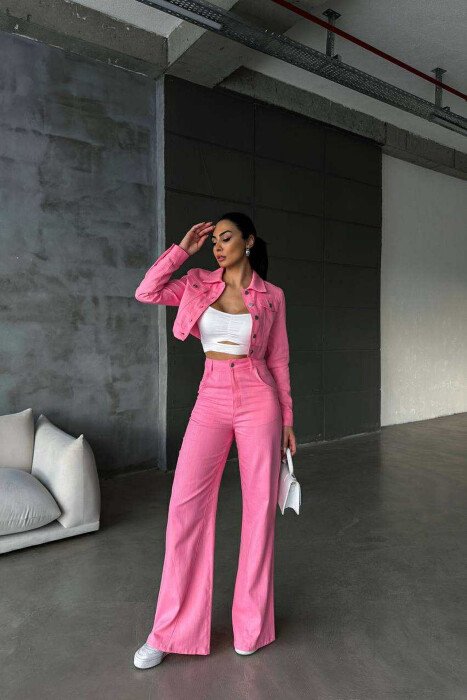 ONE COLOR CROPPED JACKET+TROUSERS WOMEN SET PINK/ROZE - 6