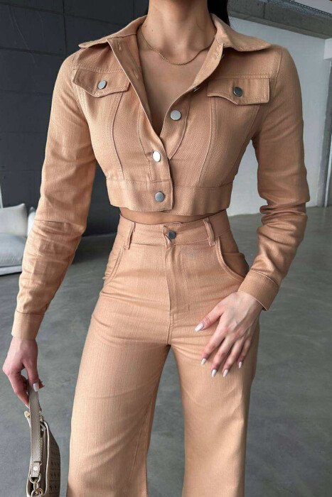 ONE COLOR CROPPED JACKET+TROUSERS WOMEN SET PINK/ROZE - 10