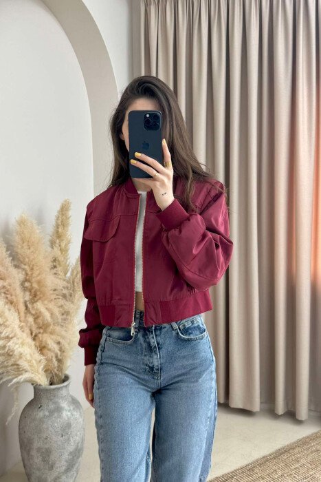 ONE COLOR CROPPED LIGHT WOMEN JACKET BURGUNDY/VISHNJE 