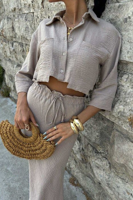 ONE COLOR CROPPED SHIRT+SKIRT WOMEN SET LIGHT BROWN/KAZB - 3