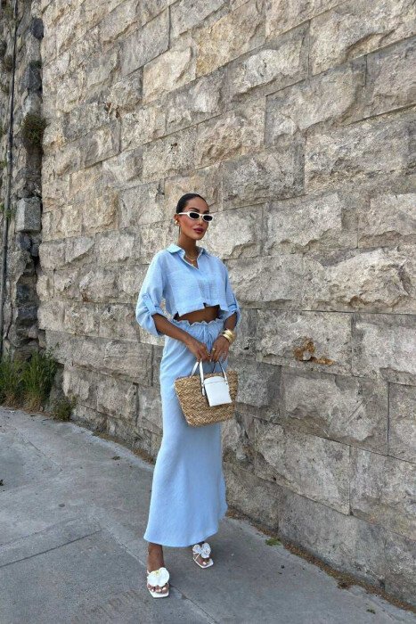 ONE COLOR CROPPED SHIRT+SKIRT WOMEN SET LIGHTBLUE/BZ - KLAUDIO FASHION