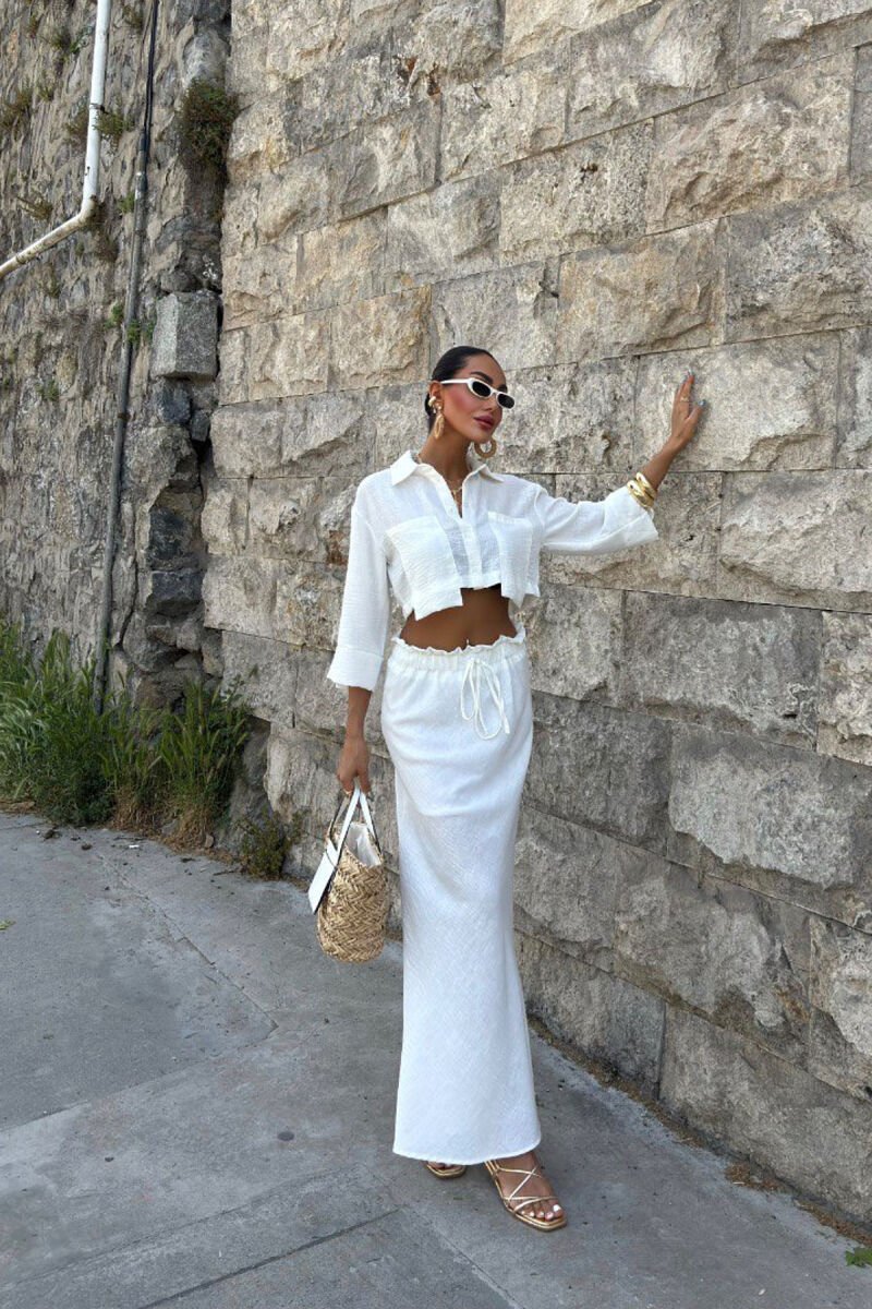 ONE COLOR CROPPED SHIRT+SKIRT WOMEN SET WHITE-E BARDHE - 5