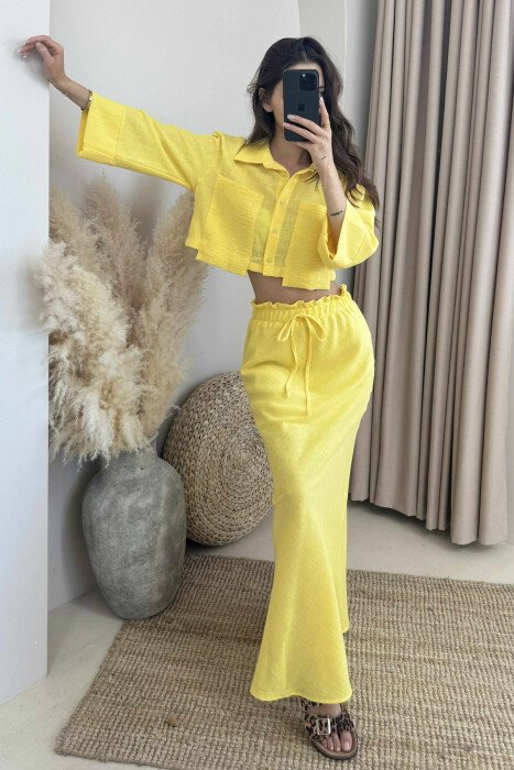 ONE COLOR CROPPED SHIRT+SKIRT WOMEN SET YELLOW/E VERDHE - 1