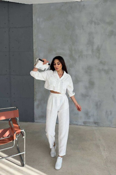 ONE COLOR CROPPED SHIRT+TROUSERS WOMEN SET WHITE-E BARDHE - 2