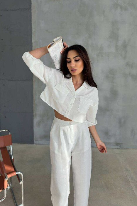 ONE COLOR CROPPED SHIRT+TROUSERS WOMEN SET WHITE-E BARDHE - 4