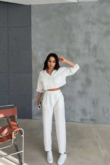 ONE COLOR CROPPED SHIRT+TROUSERS WOMEN SET WHITE-E BARDHE - 5